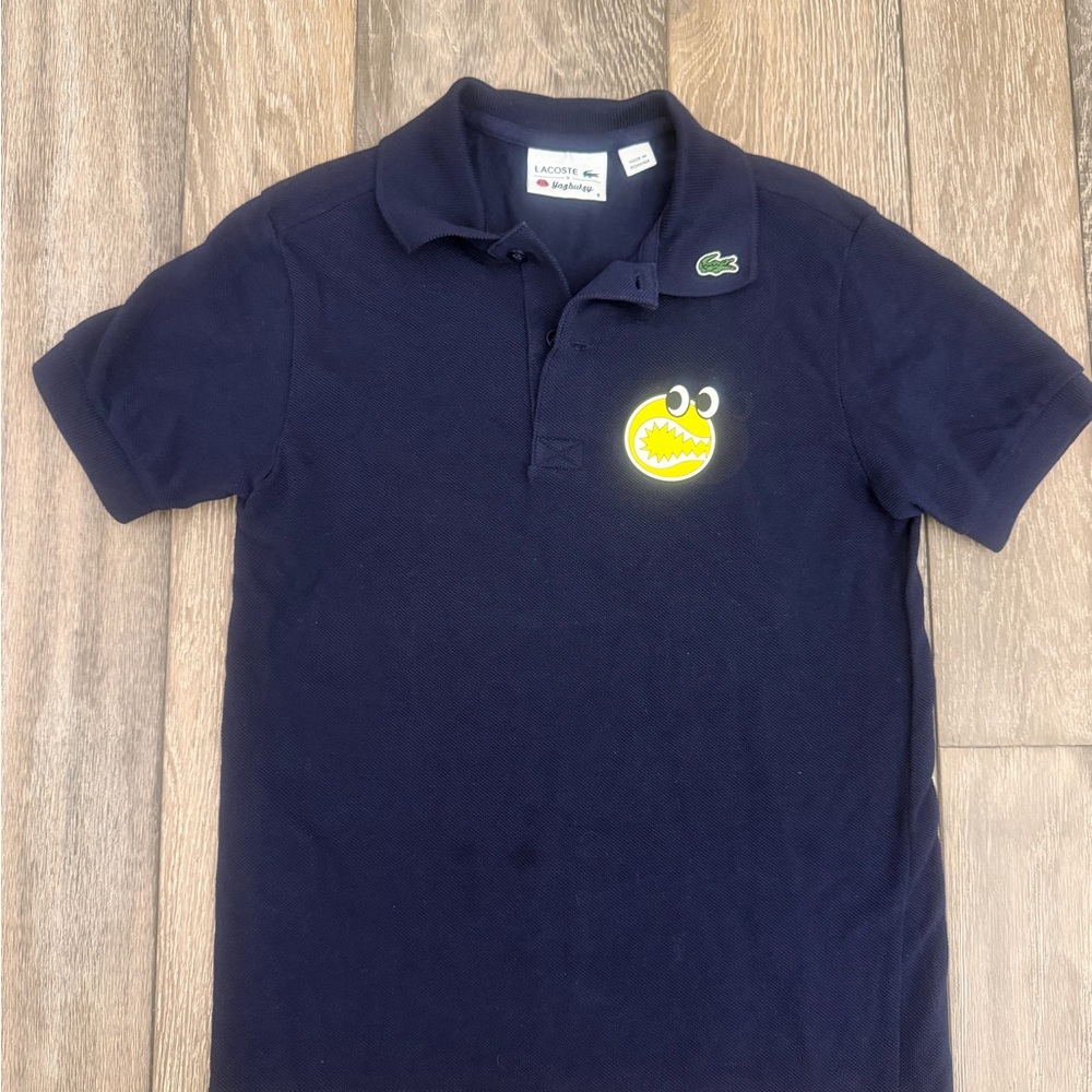 Lacoste Navy Blue Polo with Bright Rubber Graphic Design youth size 8